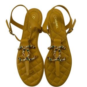 CHANEL Mustard Embellished Leather Sandals – Size 41